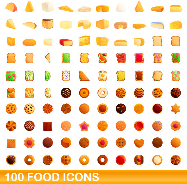 100个食物图标设定卡通风格图片下载