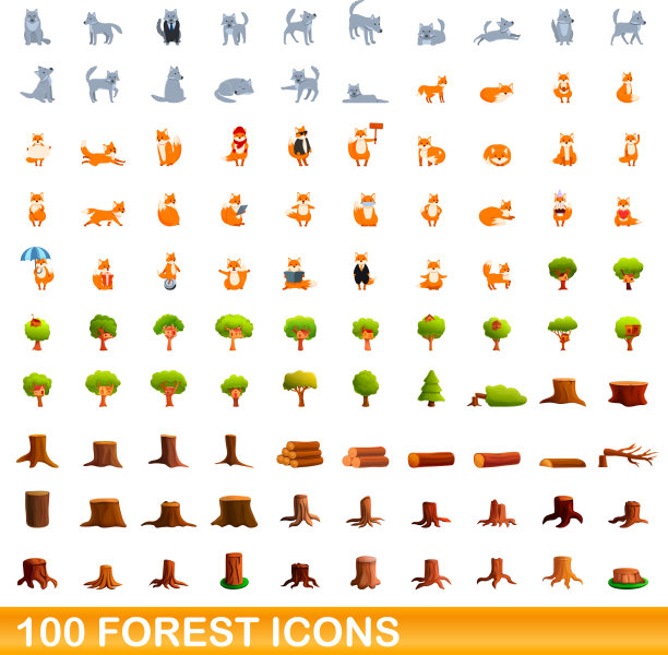 100个森林图标设定卡通风格图片下载