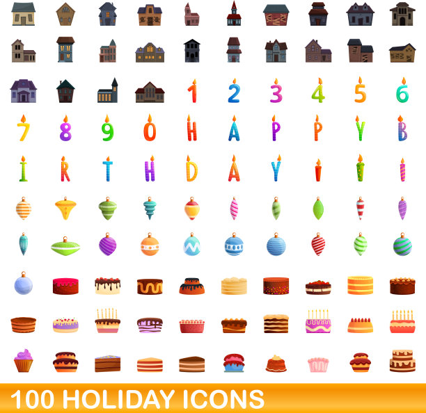 100个节日图标设定卡通风格图片下载