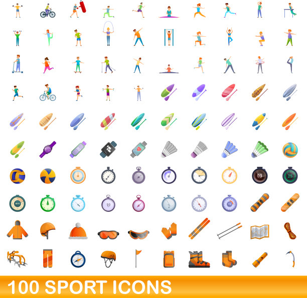 100个运动图标设定卡通风格图片下载