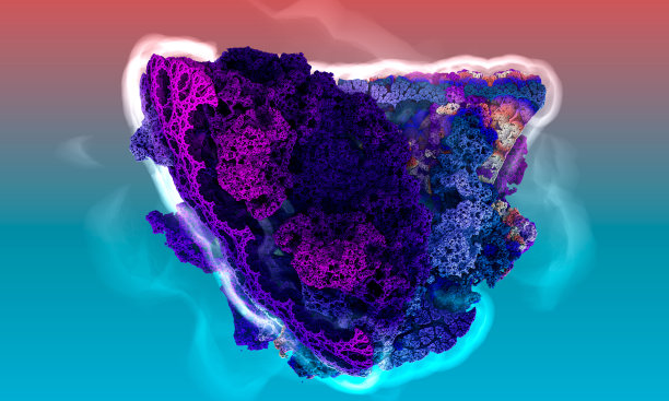 多孔紫石在雾中的分形与背光。三维渲染图片下载