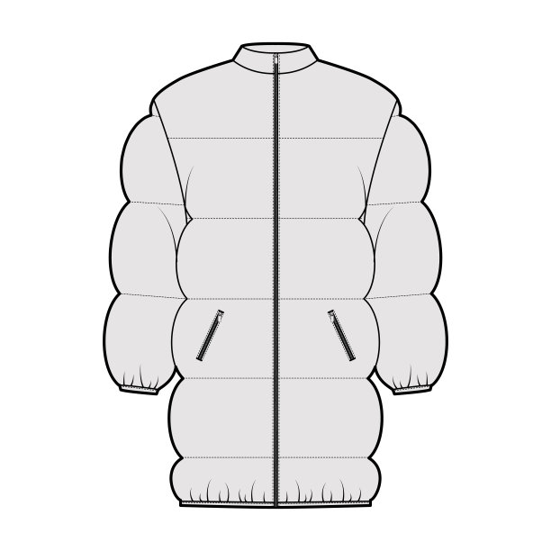 羽绒服外套技术时尚插图与长袖，立领，拉链关闭，大腿长度图片下载