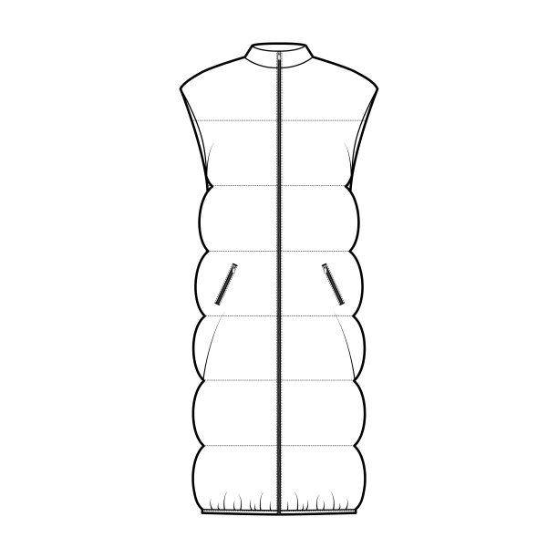 羽绒背心羽绒背心技术时尚插图无袖，立领，膝长，宽绗缝图片下载