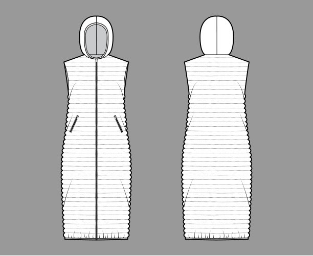 羽绒背心羽绒背心技术时尚插图与帽衫领，拉链关闭，口袋，宽松的身体图片下载