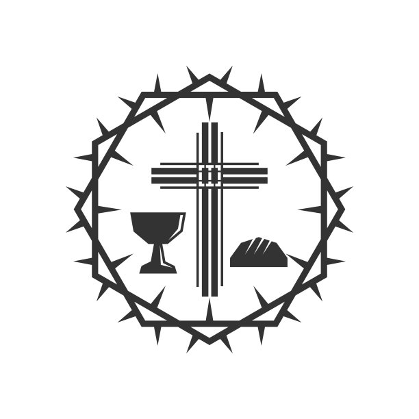 基督教的插图。教堂。耶稣基督的十字架，圣礼的圣杯和面包，镶着荆棘的冠冕。图片下载