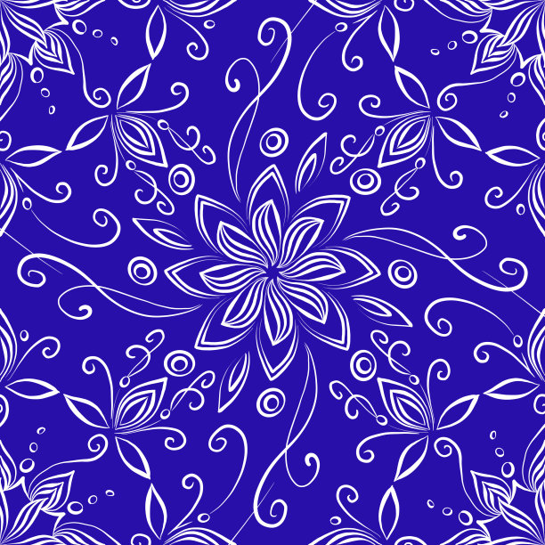 花曼陀罗瓷砖上的蓝色背景无缝模式图片下载
