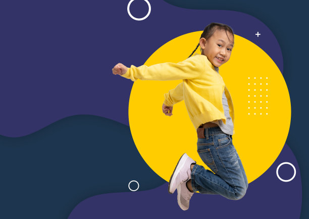 海报传单小册子封面布局设计模板A4大小，有趣的亚洲儿童女孩跳图片下载