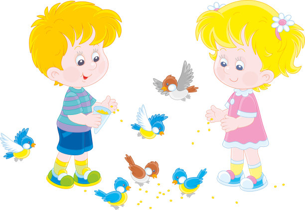 小男孩和小女孩在喂小鸟图片下载