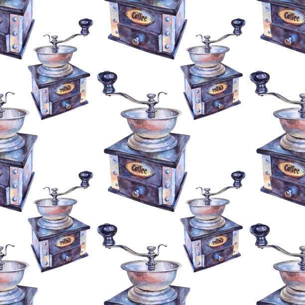 无缝图案水彩画老黑咖啡研磨机早上好热饮与咖啡因在白色背景。手绘的真实对象的厨房，烹饪书，自助餐厅，菜单，咖啡馆图片下载