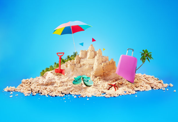 度假概念沙滩岛和沙堡图片下载