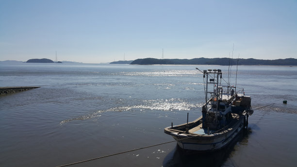 退潮时渔船停泊在码头上图片下载