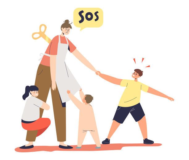 压力大，昏昏欲睡的妈妈累了照顾三个孩子图片下载