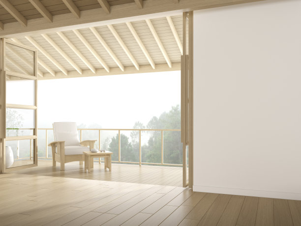 3d渲染的现代豪华房间与木制椅子在树背景，大窗户和门。图片下载