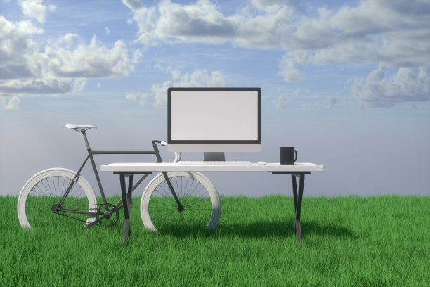 自然概念中的办公室，带有黑屏显示器的抽象工作场所图片下载