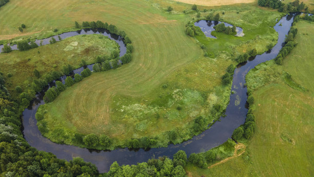 绿色田野中蜿蜒河流的空中景观，从无人机上俯瞰美丽的自然背景，带有复制空间的季节性夏季景观。图片下载