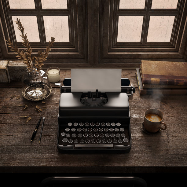 旧房间的木桌上放着老式打字机和古书。复古的作家的书桌上。作家的概念。三维渲染图片下载