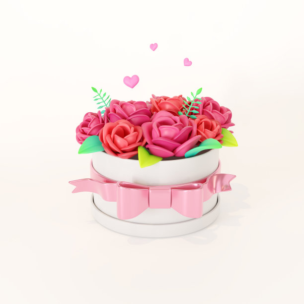 一束粉红色的玫瑰放在白色背景的盒子里。三维渲染图片下载