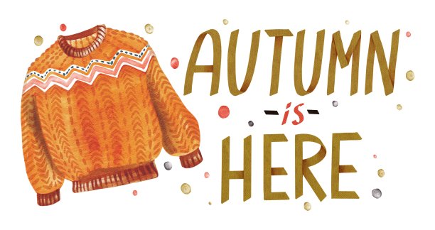手写水彩字母秋天是这里与橙色舒适的毛衣。用于海报，印刷，卡片，明信片，模板，设计，图案，商店，商店，营销，纺织品，广告图片下载
