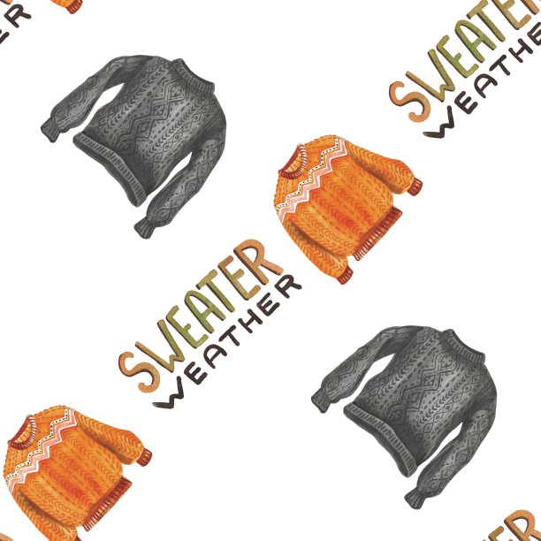 手写水彩字母毛衣天气与橙灰色舒适毛衣无缝模式。用于海报，印刷，卡片，明信片，模板，设计，图案，商店，商店，营销，纺织品图片下载