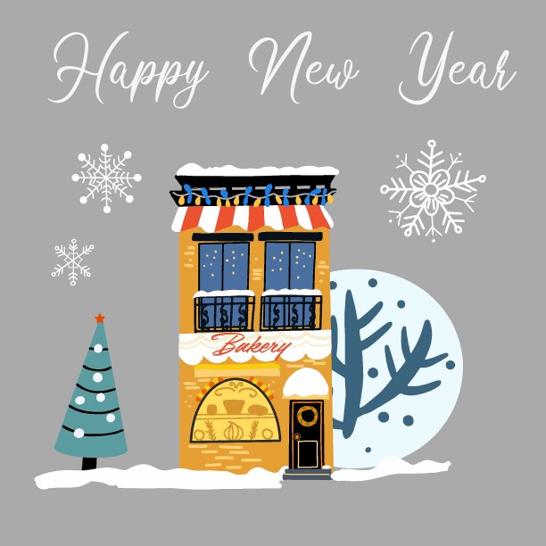 白雪皑皑的小屋，手绘，圣诞，松树，树，雪花飘落，雪花，题字新年快乐图片下载