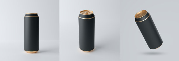 3 d演示。品牌模板。黑色和金色的啤酒罐，水，灰色背景。渲染图片下载