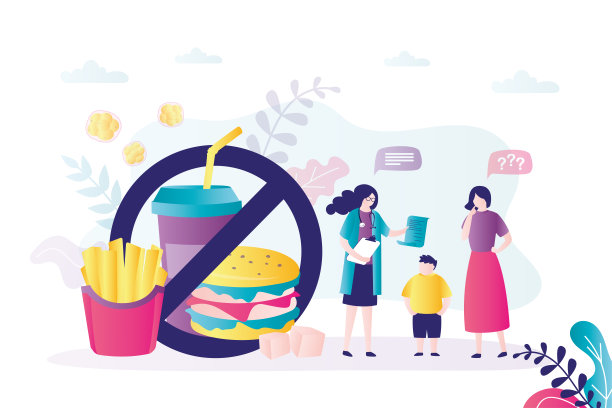 医生给胖男孩推荐饮食。营养学家建议少吃快餐图片下载