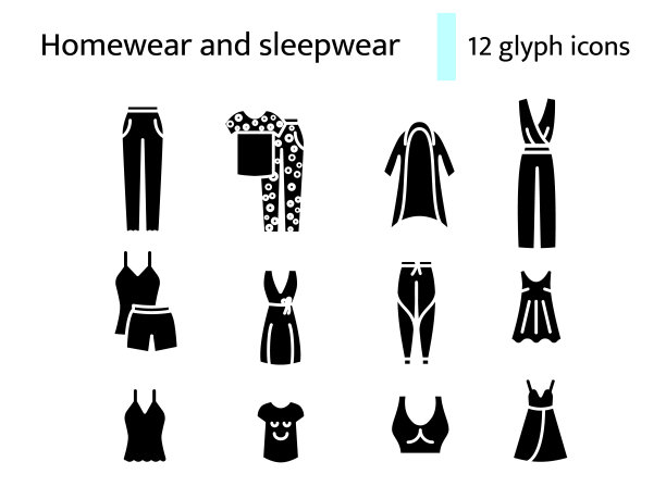 家装和睡衣字形图标设置。舒适的衣服。浴袍,国内服装。孤立的矢量图图片下载