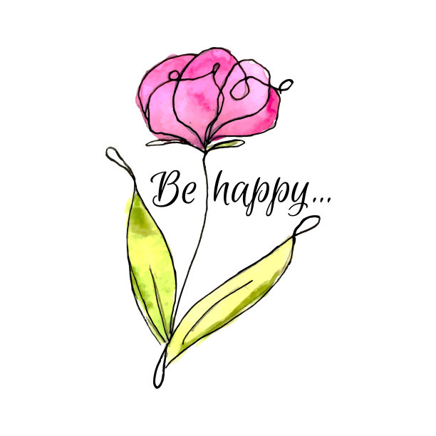 矢量手绘水彩画花与文字快乐图片下载
