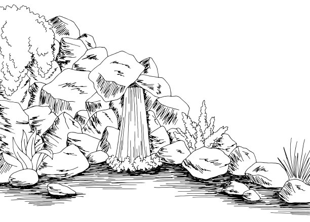 源泉瀑布图形黑白河流景观素描插图向量图片下载