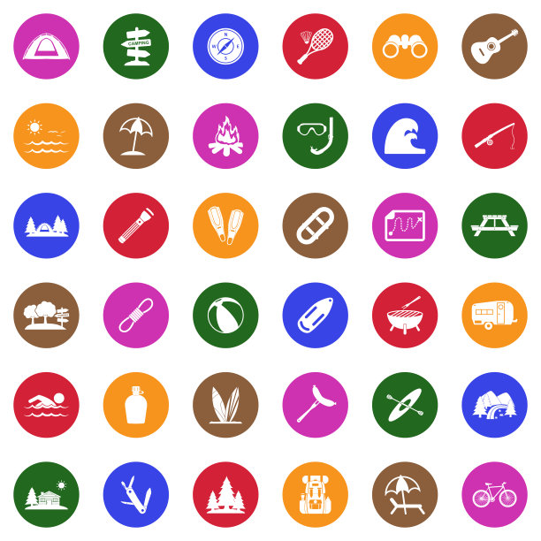 夏令营图标。白色圆形平面设计。矢量插图。图片下载