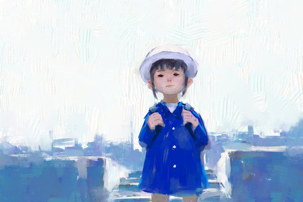 数字艺术油画集沙滩上的孤独女孩，空白空间。图片下载