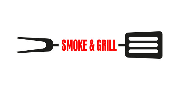 烧烤或烧烤用具在白色背景上。烧烤叉与抹刀和红色文本烟和烧烤。标志或符号模板图片下载