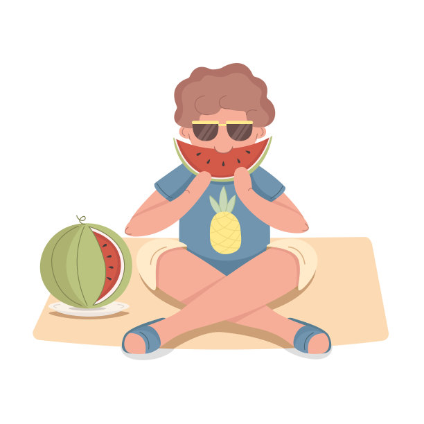 戴着墨镜的年轻人在白色的背景上吃着西瓜。图片下载