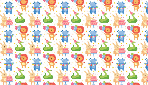 生日快乐图案，背景。可爱的动物们在一起庆祝。兔子，犀牛，蛇，狮子。节日装饰，礼物，蛋糕，气球。矢量插图，旗帜为儿童图片下载