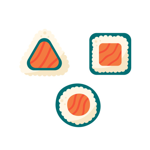 一套寿司卷与新鲜的鲑鱼，米饭和海苔。亚洲食品。日本,中国菜。矢量插图，设计元素。孤立在白色背景上。图片下载