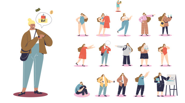 一套年轻的卡通女学生使用支付通智能手表在不同的生活方式情况和姿势图片下载