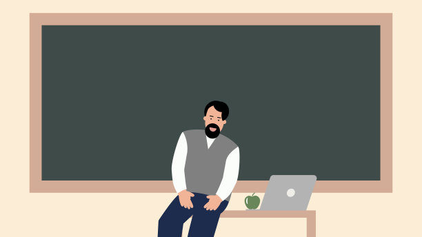 年轻的留胡子的男教授坐在讲堂的桌子上，黑板前图片下载