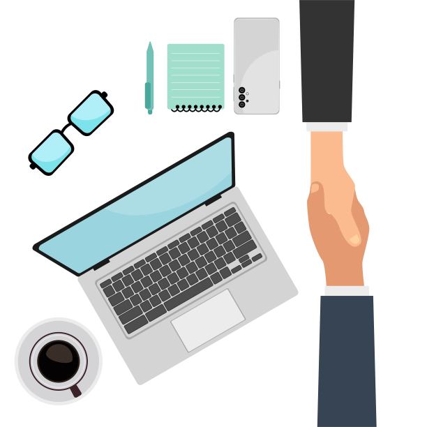 两个商人在桌子上握手的插图，作为交易的象征。矢量设计说明图片下载