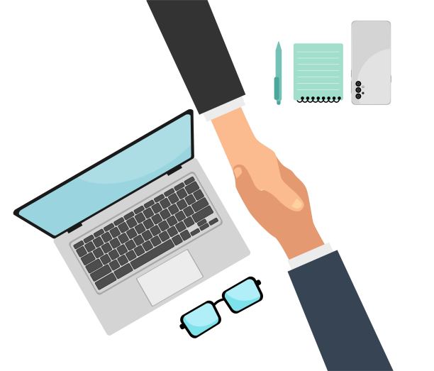 两个商人在桌子上握手的插图，作为交易的象征。矢量设计说明图片下载