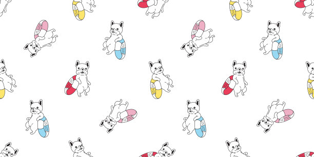 狗无缝图案法国斗牛犬向量游泳池环卡通瓷砖背景海滩海洋夏天重复壁纸涂鸦围巾孤立插图白色设计图片下载