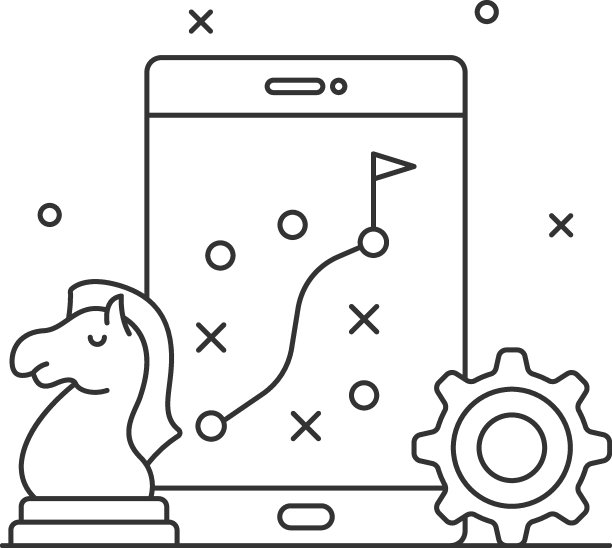 手机，齿轮和骑士矢量图标设计，电子商务战略符号，营销计划符号，行政和运营管理库存插图，创建一个成功的旅程地图概念图片下载