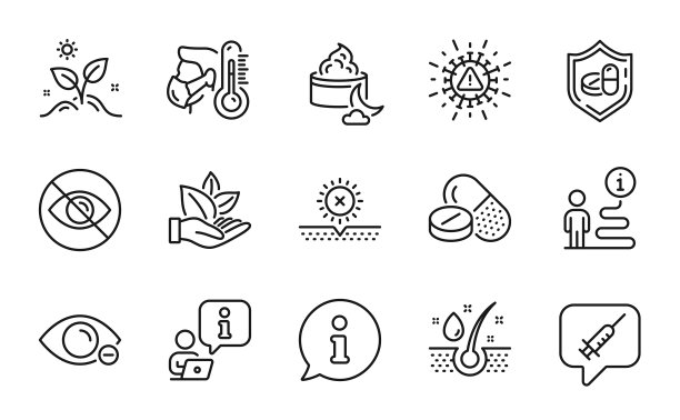 医疗保健的图标集。包括图标为冠状病毒，病人，有机产品。向量图片下载