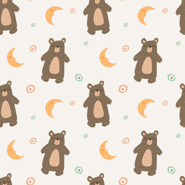 向量无缝的儿童模式在斯堪的纳维亚风格。可爱的瞌睡涂鸦动物玩具熊和月亮或新月。图片下载