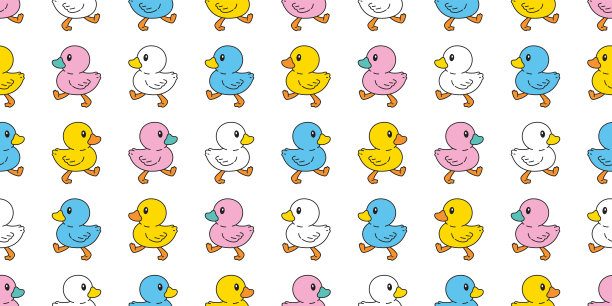 鸭子无缝图案橡胶鸭子浴室淋浴行走玩具鸡鸟矢量宠物围巾孤立的卡通动物瓷砖墙纸重复背景涂鸦插图粉彩设计图片下载