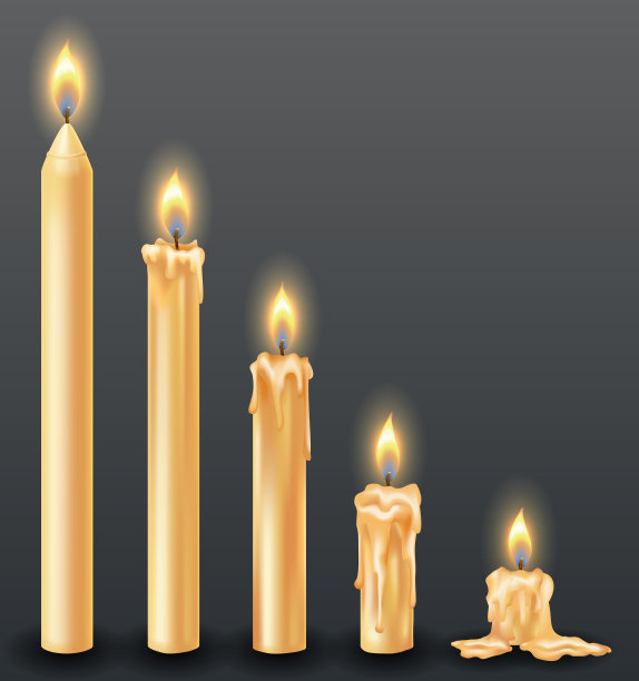 燃烧的蜡烛滴或流动的蜡。黄色的蜡烛带着金色的火焰。点燃融化的蜡。从高到低排列。插图美丽的发光的蜡烛在黑暗的背景图片下载