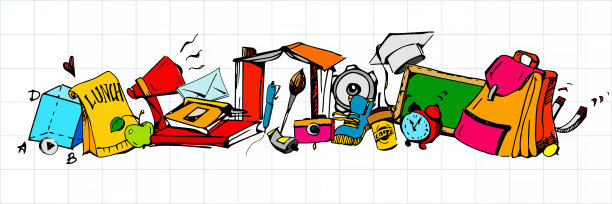 回学校!在笔记本纸的背景上手工绘制的彩色图画。创意海报或横幅。图片下载