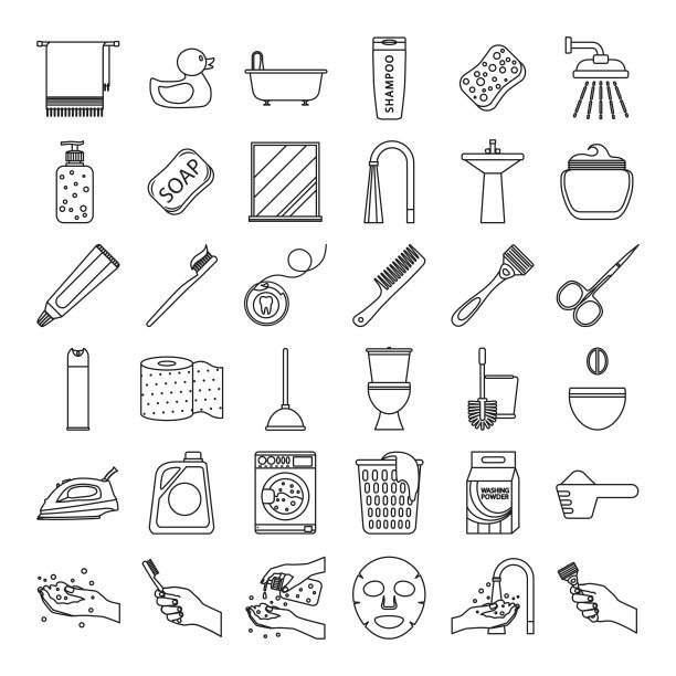 赛斯浴室。浴室清洗、沐浴和身体护理的物品和设备的轮廓。图片下载