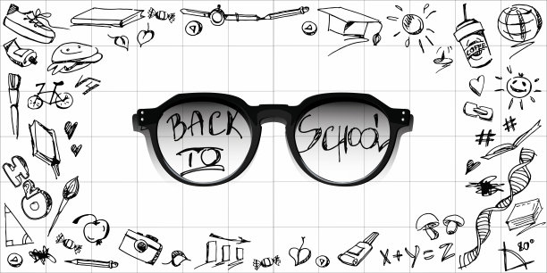 回学校!深色边框的眼镜，白色背景上有手绘。创意海报或横幅。图解说明图片下载