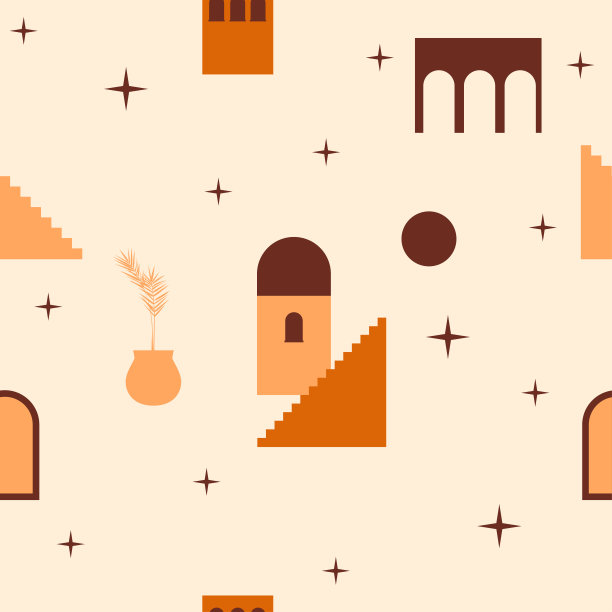 古老的海滨城市住宅，拱形和凝视无缝格局的背景。设计纪念品商店包装纸、面料印花、夏装纺织品等城镇建筑符号图案背景。图片下载