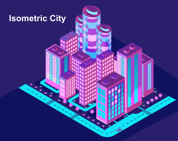 等距城市向量。智慧小镇拥有道路、树木、智慧城市和公园，建筑3d、资本、矢量办公室和大都市概念。图片下载